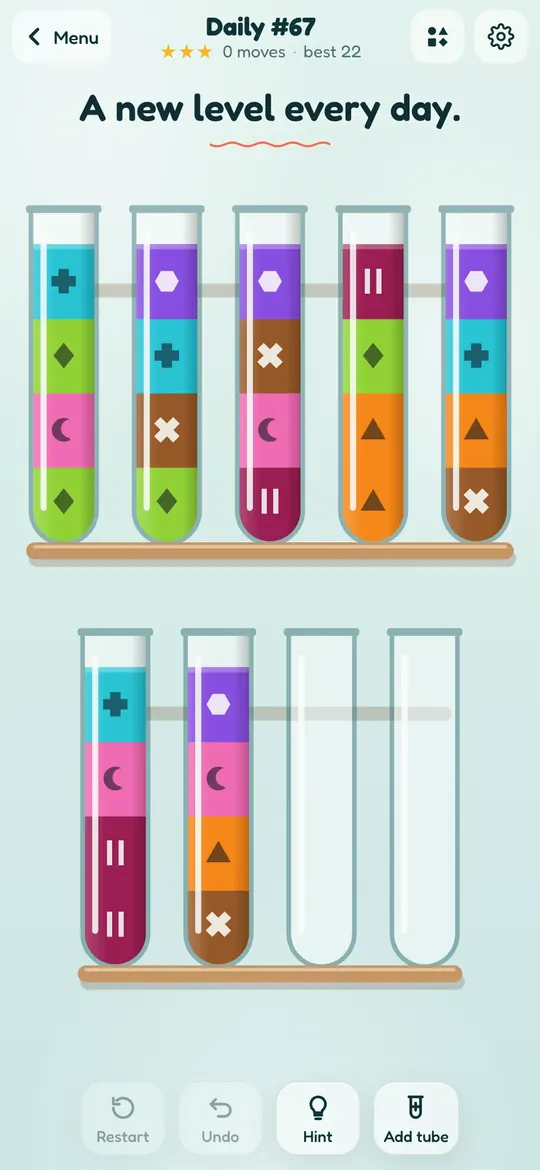 Glug on a phone: glass test tubes of coloured water, a shape on every colour.