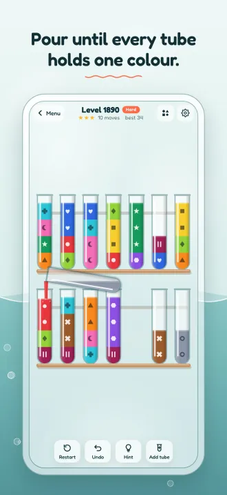 Screenshot, “Pour until every tube holds one colour.”: a twelve-colour rack mid-pour, a tube tilted and the stream falling.