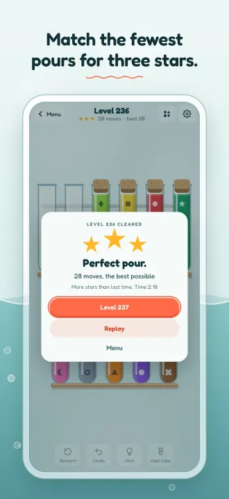 Screenshot, “Match the fewest pours for three stars.”: the result card, Perfect pour, three stars.