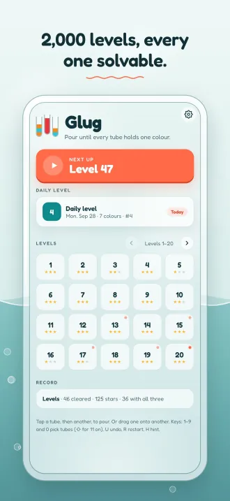 Screenshot, “2,000 levels, every one solvable.”: the menu with the next level, the daily level and the level map with stars.