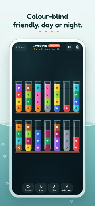 Screenshot, “Colour-blind friendly, day or night.”: the night look with a shape on every colour.