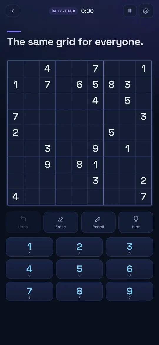 Ninefold on a phone: a sudoku grid in deep blue with the number pad below.