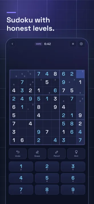 Screenshot, “Sudoku with honest levels.”: a Hard grid mid-solve, with the row, column and box of the selected square lit.