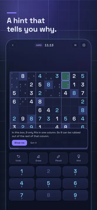 Screenshot, “A hint that tells you why.”: the hint bar explains that a 9 only fits in one column of a box, with the squares ringed.