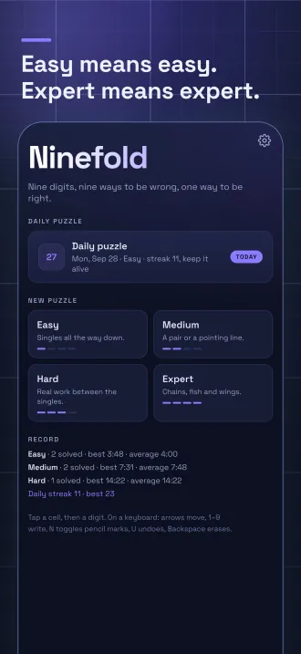Screenshot, “Easy means easy. Expert means expert.”: the menu with the daily puzzle, the four levels and your record.