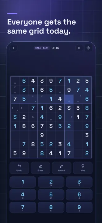 Screenshot, “Everyone gets the same grid today.”: the daily puzzle in play.