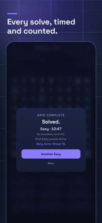 Screenshot, “Every solve, timed and counted.”: the Solved card with the time and the daily streak.