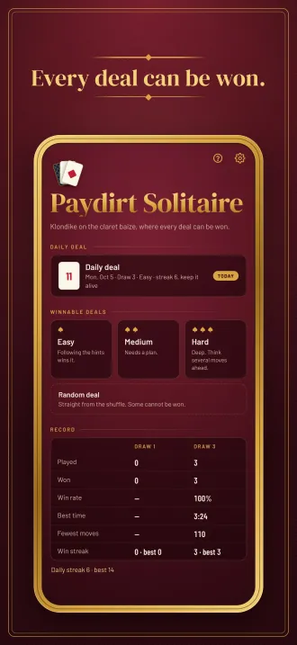 Screenshot, “Every deal can be won.”: the menu with today’s deal, Easy, Medium and Hard, and your record for Draw 1 and Draw 3.
