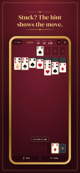 Screenshot, “Stuck? The hint shows the move.”: a brass outline round the card to move and the hint in words.