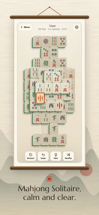 Screenshot, “Mahjong Solitaire, calm and clear.”: a board in play, one tile chosen.