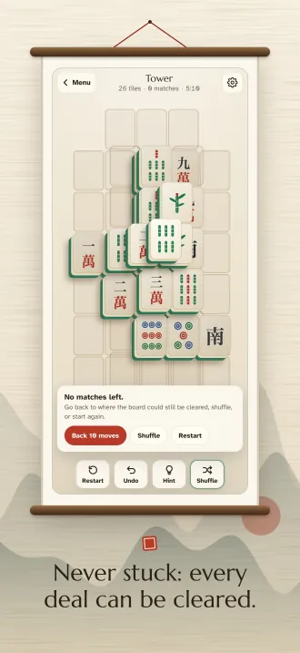 Screenshot, “Never stuck: every deal can be cleared.”: the No matches left bar offering to go back to where the board could still be cleared.