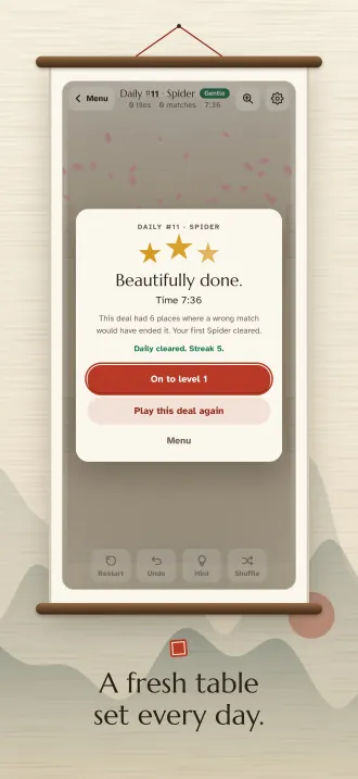 Screenshot, “A fresh table set every day.”: the daily deal won, with three stars and the streak.