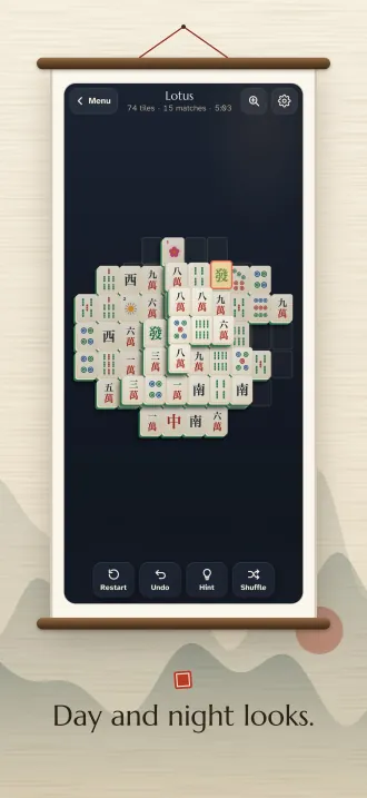 Screenshot, “Day and night looks.”: the night look, tiles on deep blue.