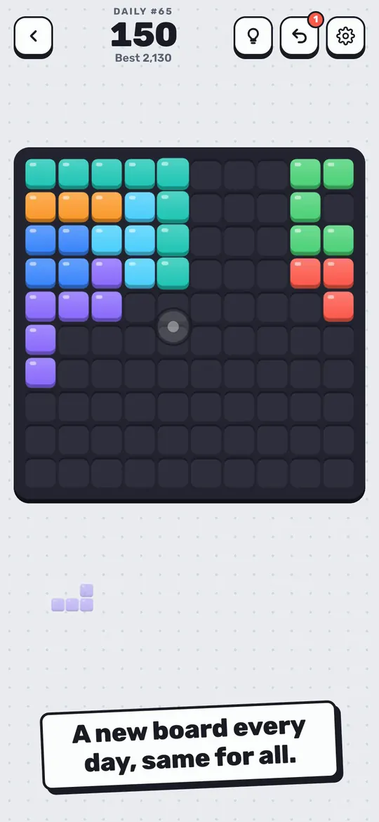 Thunk on a phone: a 10 by 10 board with bright blocks and three pieces waiting below.