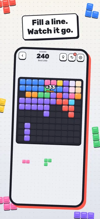 Screenshot, “Fill a line. Watch it go.”: a double clear on the board with a +33 popup.