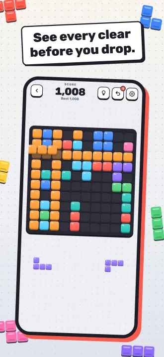 Screenshot, “See every clear before you drop.”: a piece held over the board, the lines it would clear lit up.