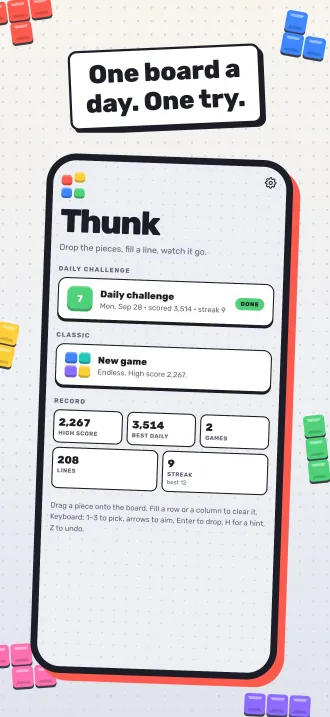Screenshot, “One board a day. One try.”: the menu with the daily challenge, a new Classic game and your records.