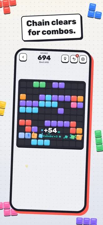 Screenshot, “Chain clears for combos.”: a combo popup over the board.
