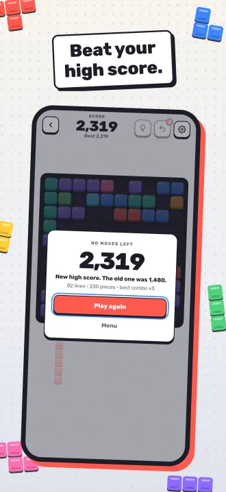 Screenshot, “Beat your high score.”: the No moves left card with a new high score.